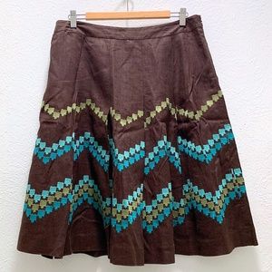 Ann Taylor LOFT | Vintage Pleated Embroidered Linen Skirt | Brown/Teal | Size 12